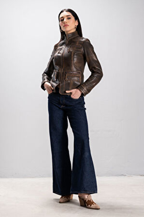 DERİCLUB Sandra Kadın Dik Yaka Slimfit Gerçek Deri Ceket TABA