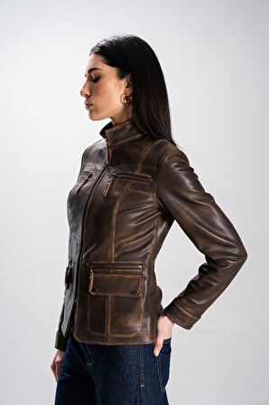 DERİCLUB Sandra Kadın Dik Yaka Slimfit Gerçek Deri Ceket TABA