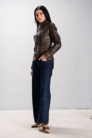 DERİCLUB Sandra Kadın Dik Yaka Slimfit Gerçek Deri Ceket TABA