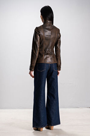 DERİCLUB Sandra Kadın Dik Yaka Slimfit Gerçek Deri Ceket TABA