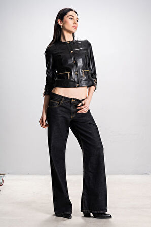 DERİCLUB Carol Kadın Cropfit Sıfır Yaka Gerçek Deri Mont SİYAH