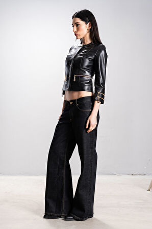 DERİCLUB Carol Kadın Cropfit Sıfır Yaka Gerçek Deri Mont SİYAH