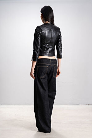 DERİCLUB Carol Kadın Cropfit Sıfır Yaka Gerçek Deri Mont SİYAH