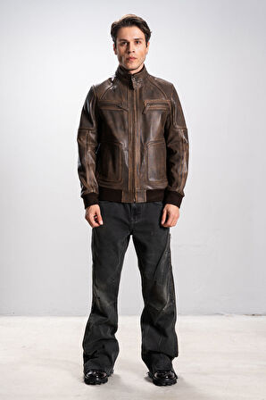 DERİCLUB Odesso Erkek Ribanalı Kolej Gerçek Deri Mont SİYAH/TABA