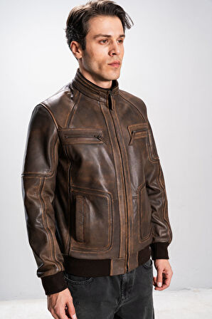 DERİCLUB Odesso Erkek Ribanalı Kolej Gerçek Deri Mont SİYAH/TABA