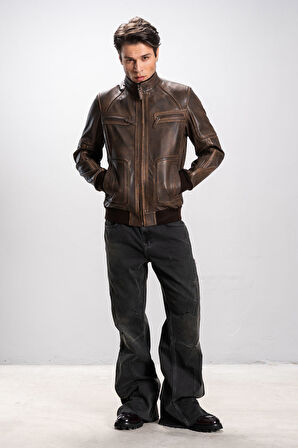 DERİCLUB Odesso Erkek Ribanalı Kolej Gerçek Deri Mont SİYAH/TABA