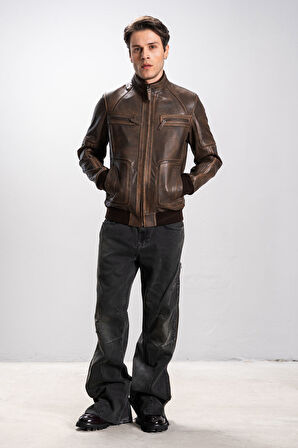 DERİCLUB Odesso Erkek Ribanalı Kolej Gerçek Deri Mont SİYAH/TABA