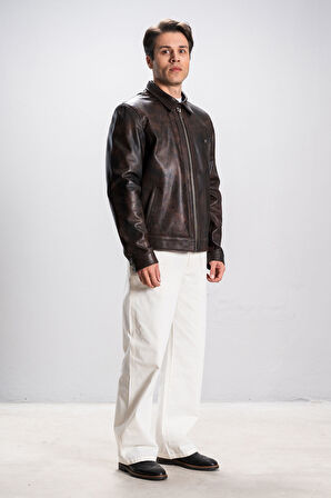 DERİCLUB Florida Erkek Gömlek Yaka Rahat Gerçek Deri Mont SİYAH/TABA