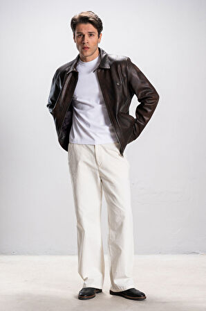 DERİCLUB Florida Erkek Gömlek Yaka Rahat Gerçek Deri Mont SİYAH/TABA