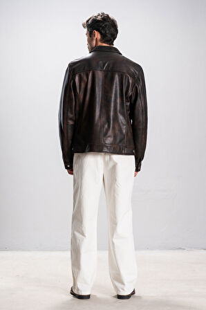 DERİCLUB Florida Erkek Gömlek Yaka Rahat Gerçek Deri Mont SİYAH/TABA