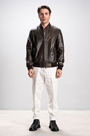 DERİCLUB Lucca Erkek Jumbo Kolej Hakiki Deri Mont SİYAH/TABA