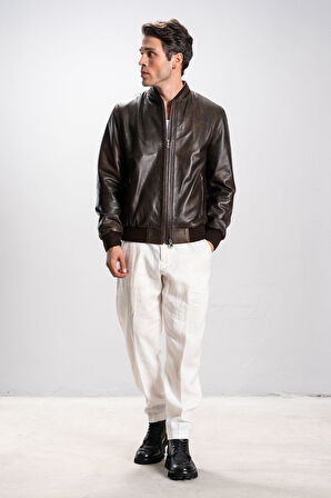 DERİCLUB Lucca Erkek Jumbo Kolej Hakiki Deri Mont SİYAH/TABA