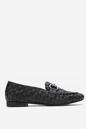 DERİCLUB Kadın Tokalı Örgülü Loafer Gerçek Deri ZY 8198 SİYAH