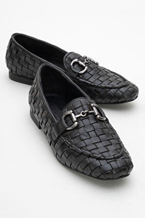 DERİCLUB Kadın Tokalı Örgülü Loafer Gerçek Deri ZY 8198 SİYAH