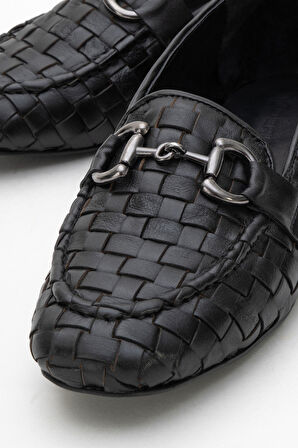 DERİCLUB Kadın Tokalı Örgülü Loafer Gerçek Deri ZY 8198 SİYAH