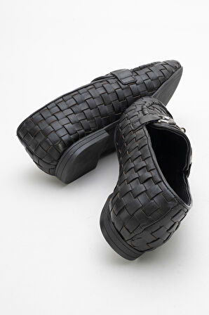 DERİCLUB Kadın Tokalı Örgülü Loafer Gerçek Deri ZY 8198 SİYAH