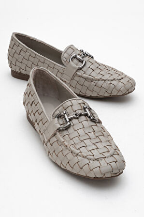DERİCLUB Kadın Tokalı Örgülü Loafer Gerçek Deri ZY 8198 GRİ