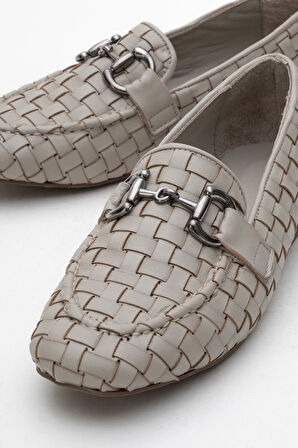 DERİCLUB Kadın Tokalı Örgülü Loafer Gerçek Deri ZY 8198 GRİ