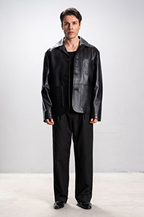 DERİCLUB RENNES Erkek Torba Cepli Oversize Gerçek Deri Ceket SİYAH