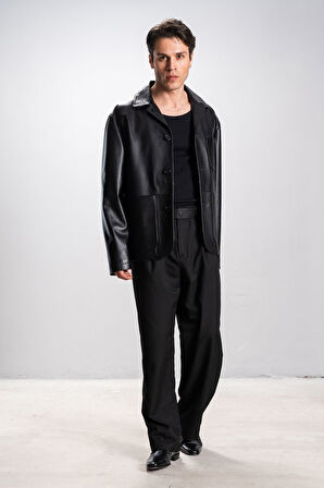 DERİCLUB RENNES Erkek Torba Cepli Oversize Gerçek Deri Ceket SİYAH