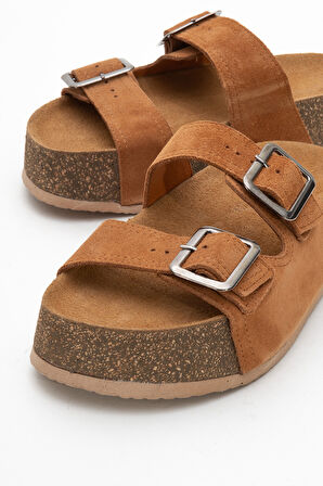 DERİCLUB Kadın Platform Taban Kemer Bantlı Terlik Gerçek Deri ZY 8213 TABA