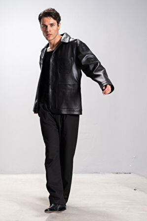 DERİCLUB RENNES Erkek Torba Cepli Oversize Gerçek Deri Ceket SİYAH