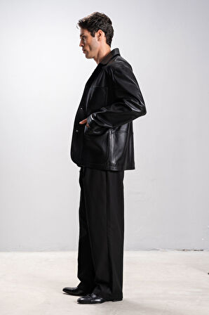 DERİCLUB RENNES Erkek Torba Cepli Oversize Gerçek Deri Ceket SİYAH