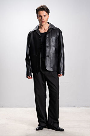 DERİCLUB RENNES Erkek Torba Cepli Oversize Gerçek Deri Ceket SİYAH