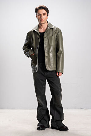 DERİCLUB RENNES Erkek Torba Cepli Oversize Gerçek Deri Ceket HAKİ