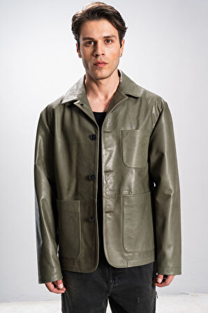 DERİCLUB RENNES Erkek Torba Cepli Oversize Gerçek Deri Ceket HAKİ