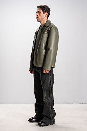 DERİCLUB RENNES Erkek Torba Cepli Oversize Gerçek Deri Ceket HAKİ