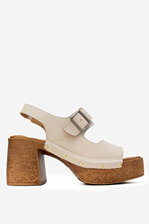 DERİCLUB Kadın Platform Topuk Takunya Sandalet Gerçek Deri ZY 8247 BEJ