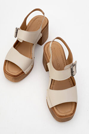 DERİCLUB Kadın Platform Topuk Takunya Sandalet Gerçek Deri ZY 8247 BEJ