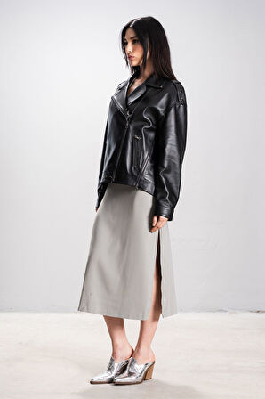 DERİCLUB Visto Kadın Oversize Gerçek Deri Ceket SİYAH