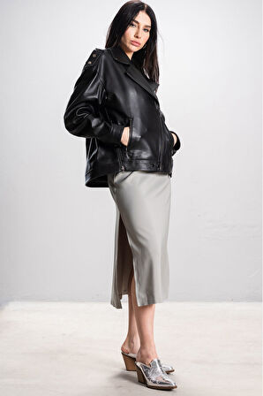 DERİCLUB Visto Kadın Oversize Gerçek Deri Ceket SİYAH