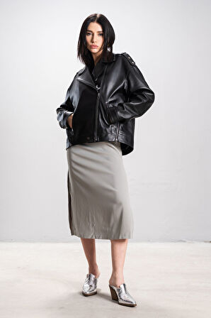 DERİCLUB Visto Kadın Oversize Gerçek Deri Ceket SİYAH