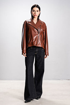 DERİCLUB Visto Kadın Oversize Gerçek Deri Ceket KANYAK