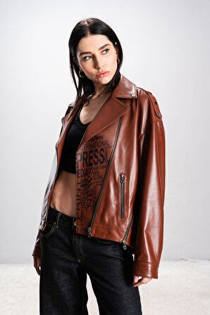 DERİCLUB Visto Kadın Oversize Gerçek Deri Ceket KANYAK