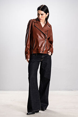 DERİCLUB Visto Kadın Oversize Gerçek Deri Ceket KANYAK