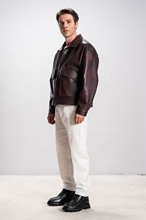 DERİCLUB Nelsson Erkek Oversize Gerçek Deri Ceket BORDO