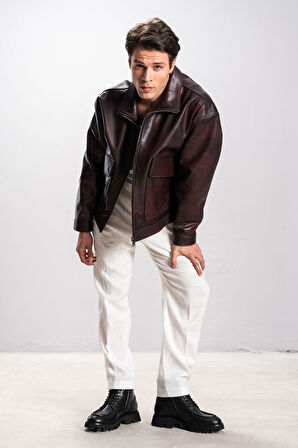 DERİCLUB Nelsson Erkek Oversize Gerçek Deri Ceket BORDO