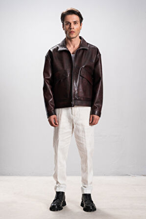 DERİCLUB Nelsson Erkek Oversize Gerçek Deri Ceket BORDO