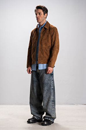 DERİCLUB Girona Erkek Gömlek Yaka Slim fit Gerçek Deri Süet Mont TABA