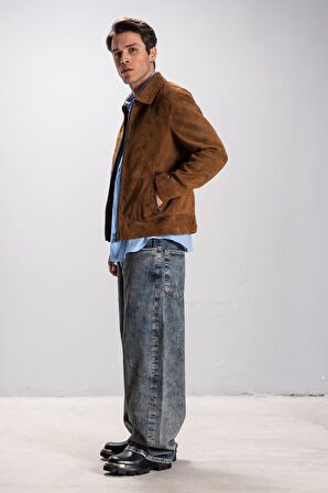 DERİCLUB Girona Erkek Gömlek Yaka Slim fit Gerçek Deri Süet Mont TABA