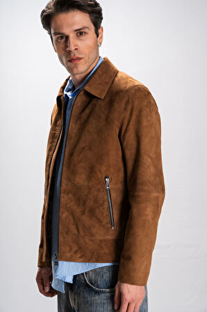 DERİCLUB Girona Erkek Gömlek Yaka Slim fit Gerçek Deri Süet Mont TABA