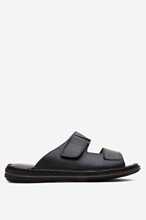 DERİCLUB Erkek Çift Bantlı Terlik Gerçek Deri DC 1182 SİYAH