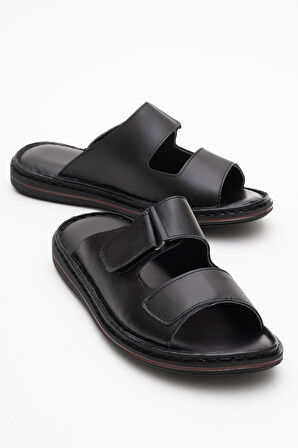 DERİCLUB Erkek Çift Bantlı Terlik Gerçek Deri DC 1182 SİYAH