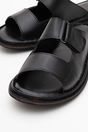 DERİCLUB Erkek Çift Bantlı Terlik Gerçek Deri DC 1182 SİYAH