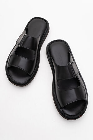 DERİCLUB Erkek Çift Bantlı Terlik Gerçek Deri DC 1182 SİYAH