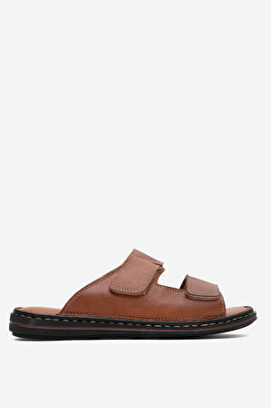 DERİCLUB Erkek Çift Bantlı Terlik Gerçek Deri DC 1182 TABA